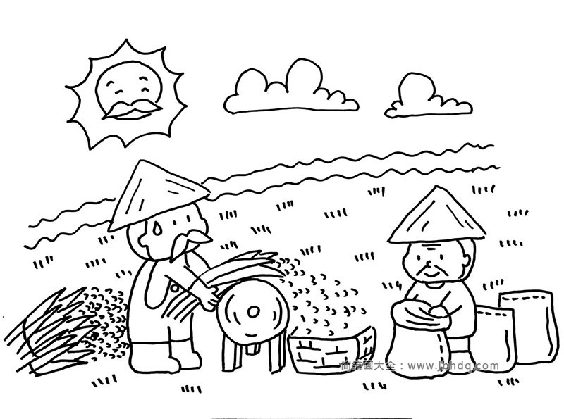 秋季丰收简笔画：收割稻子
