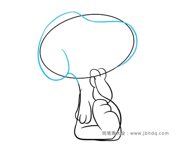 6、详细描绘史努比的轮廓。以椭圆形为向导，画一条长长的弧线，详细地画出他的鼻子、耳朵和脖子的形状。