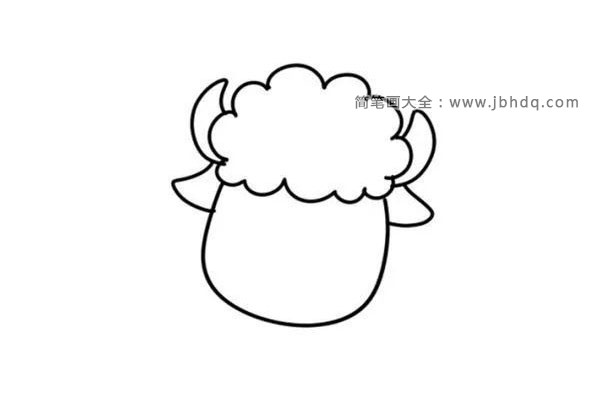 第二步：给绵羊画出耳朵和小羊角，向上弯弯的小羊角。