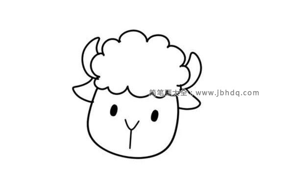第三步：接着给绵羊画上眼睛、鼻子和嘴巴。椭圆形黑黑的眼睛，“Y”字型的鼻子嘴巴。