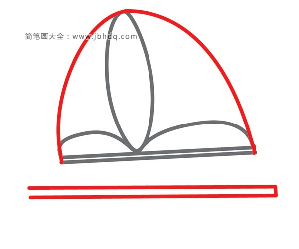 (步骤3)为帆画半椭圆形。在底部再画一条线形成一个矩形。