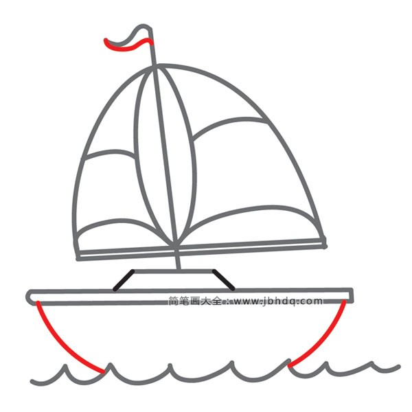 (步骤6)完善旗帜细节。将船底和海面用曲线链接起来。