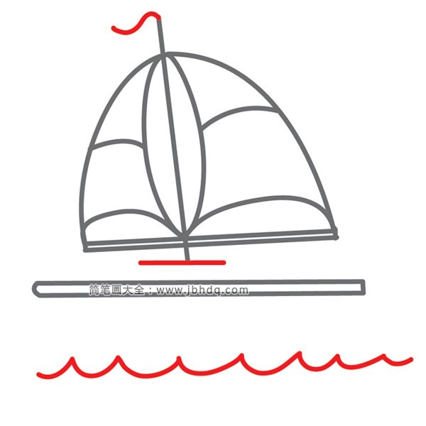 (步骤5)为帆船画一面旗帜。在帆下画一条线。画波浪。