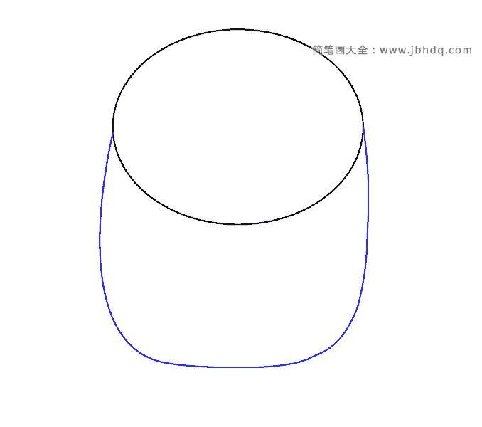 步骤2：从椭圆的一边到另一边画一条曲线连接起来，这是小黄人鲍勃的身体。