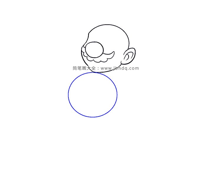 第6步：下巴下方画一个大圆圈。这将形成马里奥的身体。