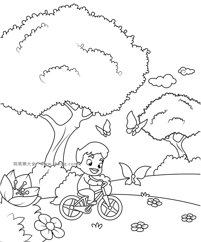 小男孩骑着自行车追蝴蝶