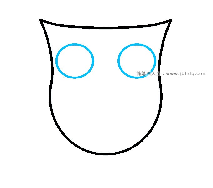 步骤3：在头部的顶部画两个圆圈。尽量保持这些圆尽可能对称，这是猫头鹰的眼睛。