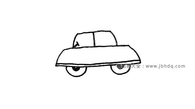 第三步 用简单的笔画画出汽车的一些细节，用一条直线分离出汽车的前后，用圆点画出汽车的方向盘，不需要太复杂就可以。