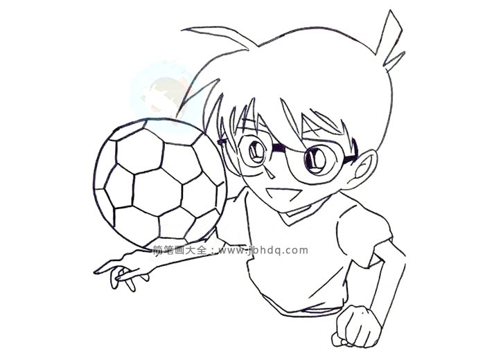 第六步：在左手的上面画一个圆圆的足球，和刘海同高。