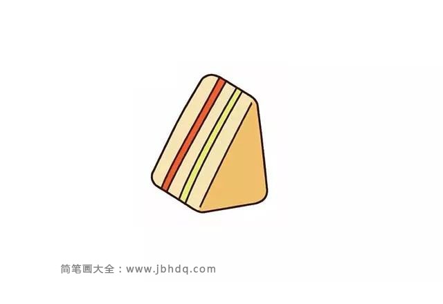 第六步：最后给三明治涂上颜色，两个夹层用不同的颜色涂出来，这样的三明治你喜欢吗？