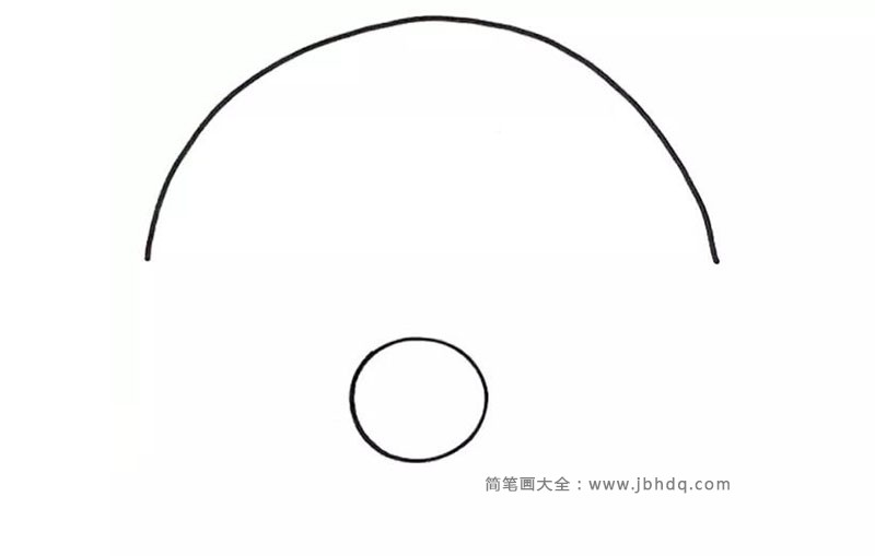 1.先画图个小圆作老鼠的头部轮廓，外面围着画一个大半圆做降落伞。