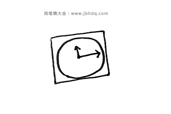 第二步：接着在里面画上一个圆形的表盘，在里面画上指针。
