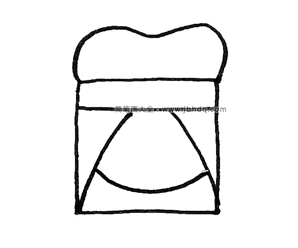 第三步：横线的下面，向下画一个类似三角形的模样，中间画上一个脸的弧线。