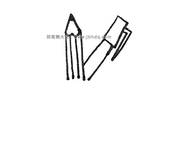 第三步：在铅笔的右边，用两个长方形以及一个勾的形状组成钢笔。