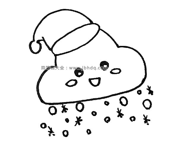 第五步：在云朵的下面，用大小不一的圆形画上雪花的感觉，还能用“*”来表示雪花。