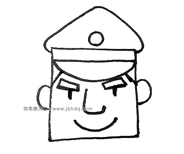 第六步：需要给警察画上一个笑脸，以及在帽檐两边加上头发。