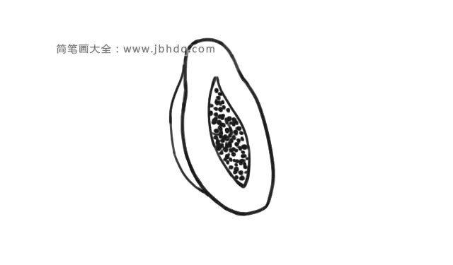 第四步  接着画出密密麻麻的籽子，成熟木瓜的籽是黑褐色的，籽与淡黄色的固液混合物参杂在一起。