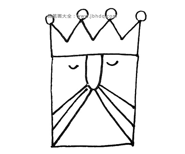 第四步：从鼻子中间向两边画上斜线作为国王的胡子。