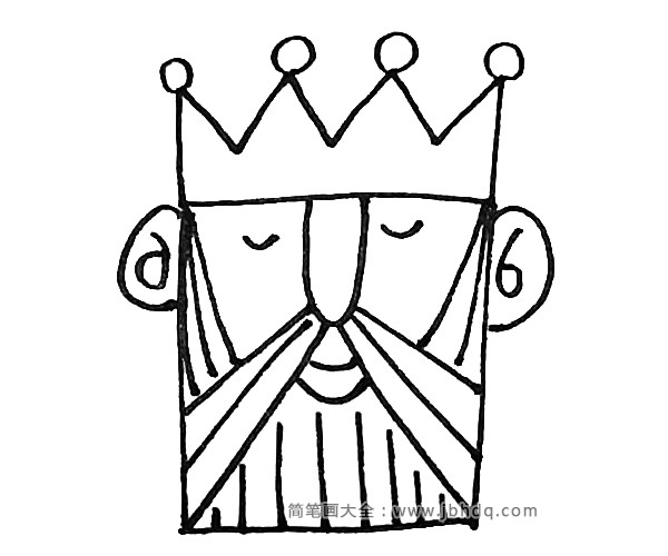 第六步：画上国王两边的胡子，用弧线来表示，下面的胡子用竖线来表示。