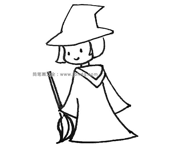 第五步：给小魔女加上一点装饰，例如衣服上的帽子，和手上拿的扫把。