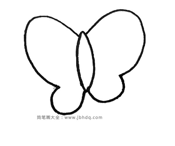 第二步：用大的曲线，画出风筝的两片翅膀，形成一个蝴蝶风筝的外形。