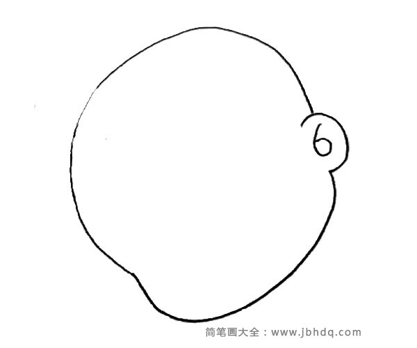 第二步：在半圆下面画上一个半圆的耳朵，里面画上一个6，接着下面再画上一个半圆连接起来。