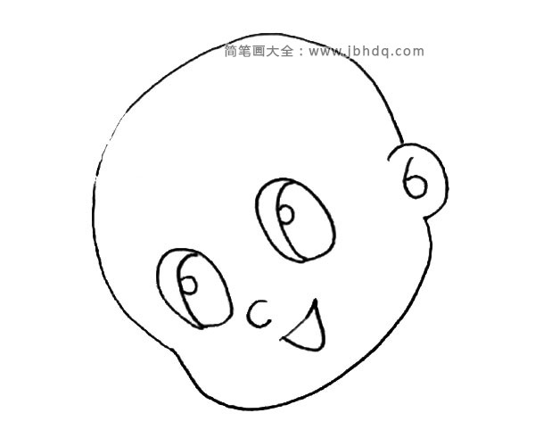 第四步：再用弧线画出大头儿子的鼻子，以及画上嘴巴。