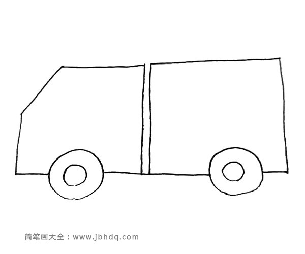 第二步：在两个轮子中间划一条横线，向上画长方形和梯形，形成车头和车身。