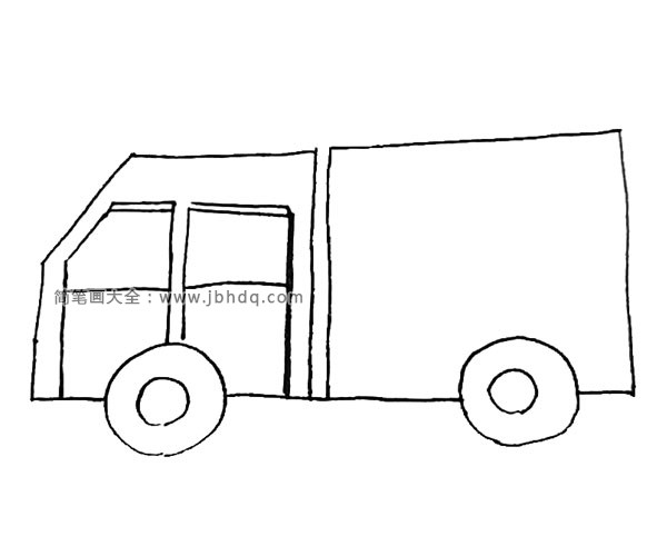 第三步：在车头的部分，画出两扇门，再划一条横线作为窗户。