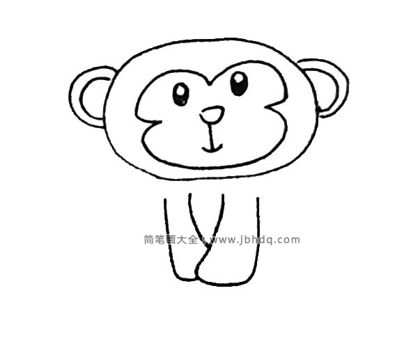 第四步：脑袋下面向下画出猴子的手臂，交叠起来。