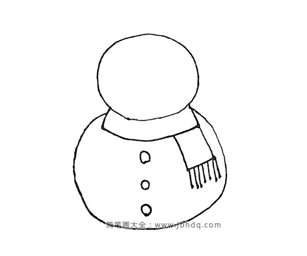 第三步：再画上一个圆圆的身子，以及给雪人画上纽扣。