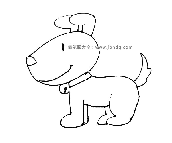 第六步：再给小狗补上眼睛和笑脸，脖子上可以再画上一根项圈铃铛。
