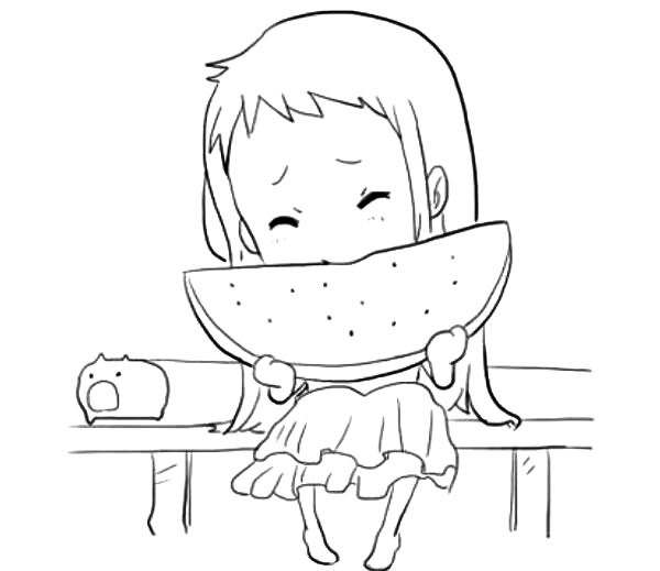 正在吃西瓜的可爱小女孩
