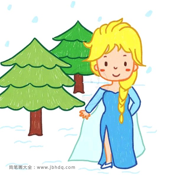 7. 画一幅冰雪女王的场景，需要画好人物之后加一些绿树、雪花等。