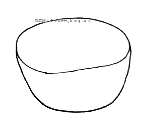 第二步：在下面，画上半个圆，形成碗的外形。