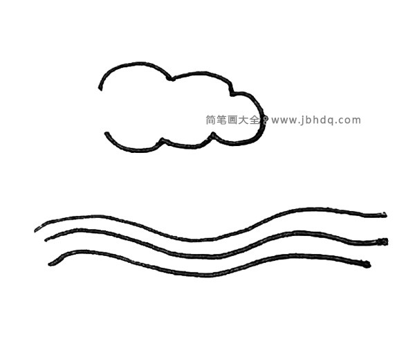 第三步：然后用波浪线画出半边云朵的形状，注意左边不要封住。