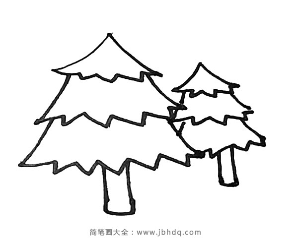 第六步：接着用同样的方法画上一个小一些的松树在旁边。
