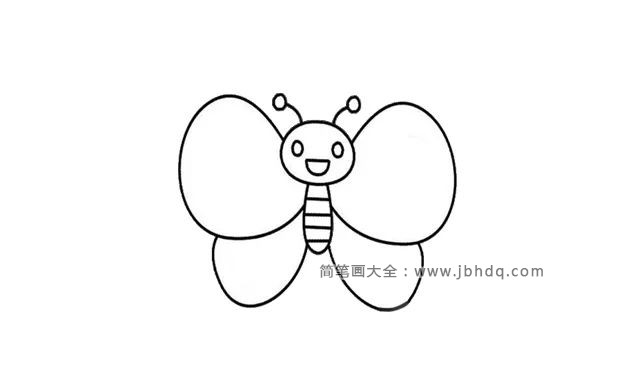 第四步  然后画出蜜蜂的翅膀，两边也是对称的，边角有弧度，圆圆的，上面的翅膀要比下面的翅膀大