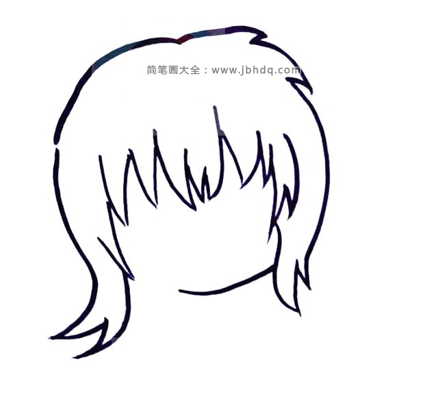步骤二：接下来画刘海和头发部分，左边的刘海东方不要和脸靠近。留点小空白。