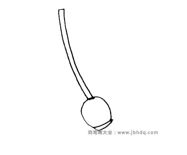 第二步：在棍子下面画出半个椭圆，用两条小弧线连接起来。