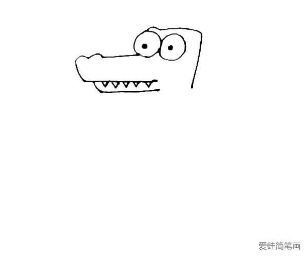 第三步：中间也画上一条横线，用竖线连接上下的横线，中间横线画上小牙齿，以及在眼睛后画上一个直角形成鳄鱼的头。