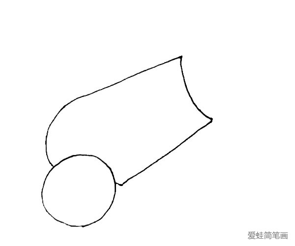 第二步：在上面，画上半个椭圆形，在横着向上画两条线，并用弧线连接起来作为炮身。