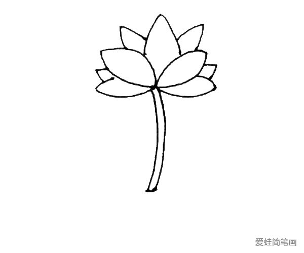 第四步：在花朵的下面，画上两根弧线，作为荷花的枝条。