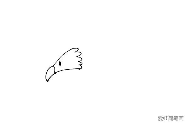 第二步：在弧线的右边用波浪线连起来，再点上老鹰的小眼睛，前面画上一个弯钩的嘴巴。