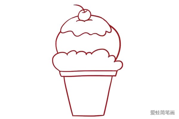 5.接着在冰淇淋球上画上奶油和一颗樱桃。