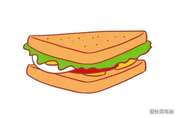 6.最后分别用绿色、淡黄色、红色给中间加成上色。这样三明治的简笔画就完成了。