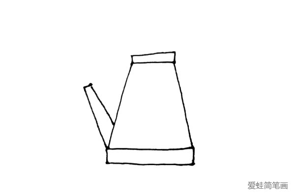 第三步：喷水壶的前面，也要加上一个倾斜的梯形，注意画得细长一点。