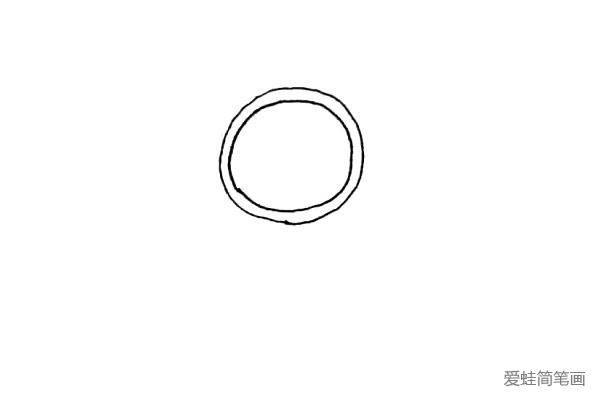 第一步：先画上一个圆，里面再画上一个圆，形成一个圆环的形状。