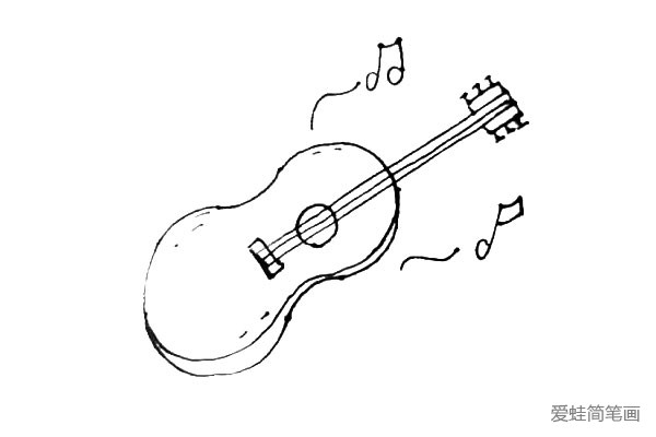 第七步：在吉他的周围，画上音符，让吉他有发出声响的感觉。