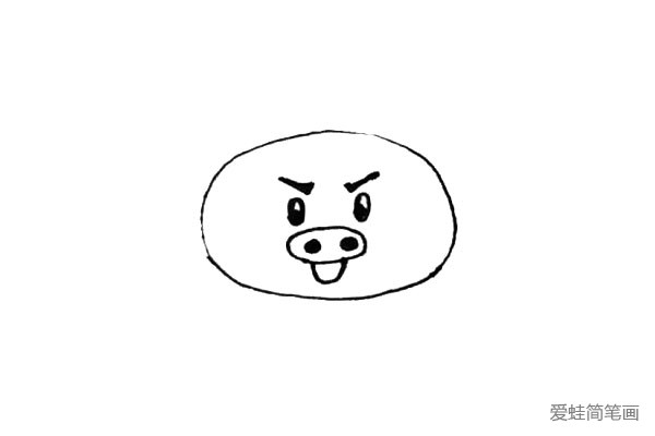第三步：给猪猪侠画上眉毛和小眼睛，鼻子下面再画上半个椭圆形的嘴。